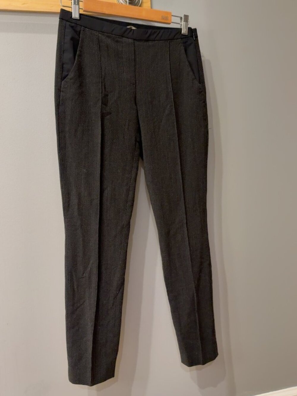 Elie Tahari Charcoal Textured Tailored Trousers Black Trim